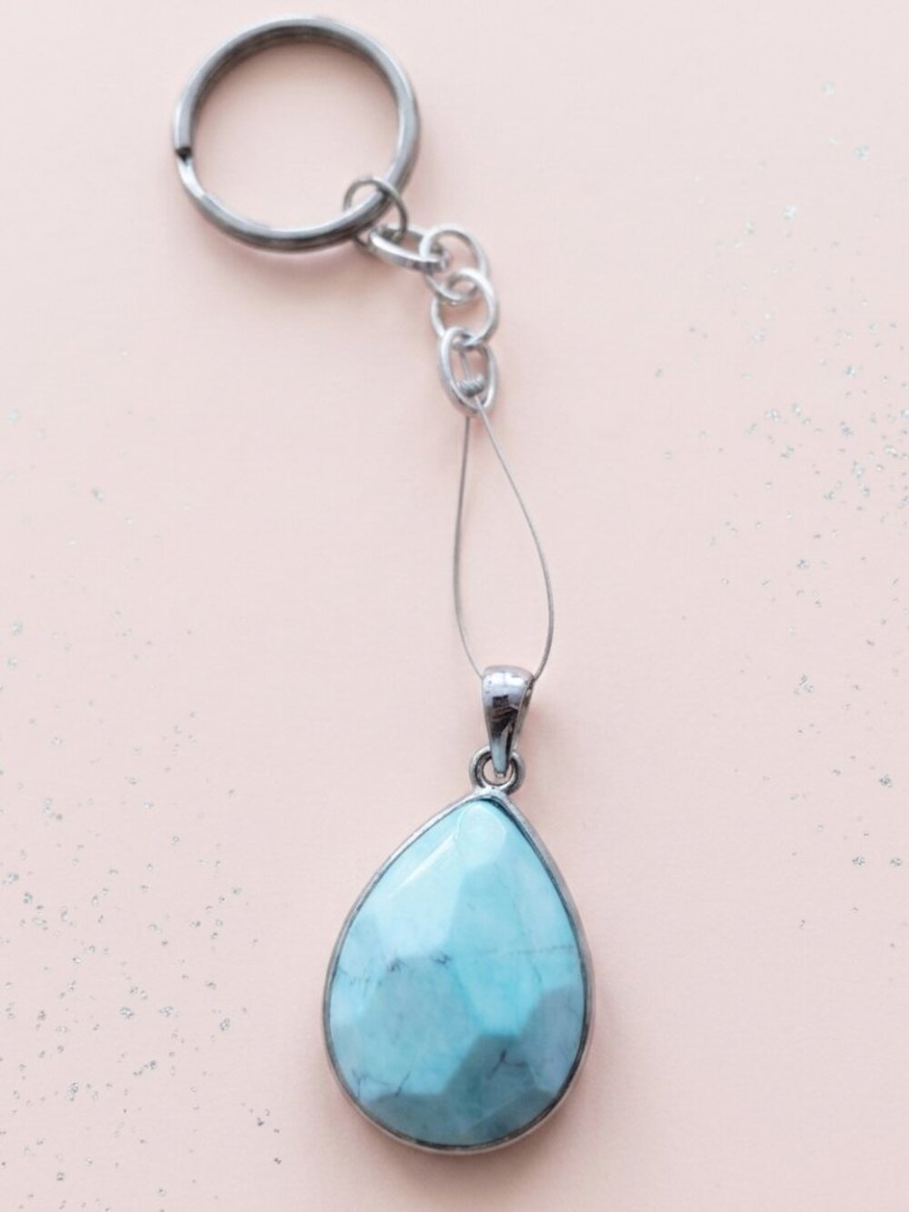Handmade Howlite Teardrop Keychain | Turquoise Blue Silver Tone Bag Charm